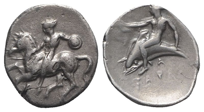 Southern Apulia, Tarentum, c. 380-375/0 BC. AR Nomos (23mm, 7.78g, 12h). Nude wa...