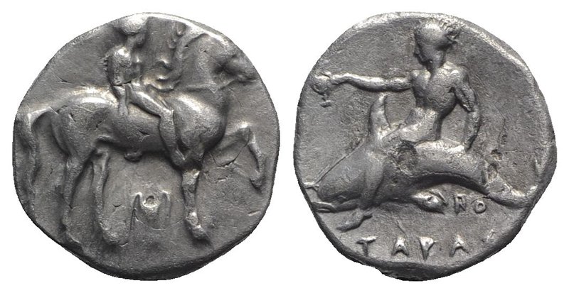 Southern Apulia, Tarentum, c. 365-355 BC. AR Nomos (20mm, 7.79g, 6h). Nude youth...