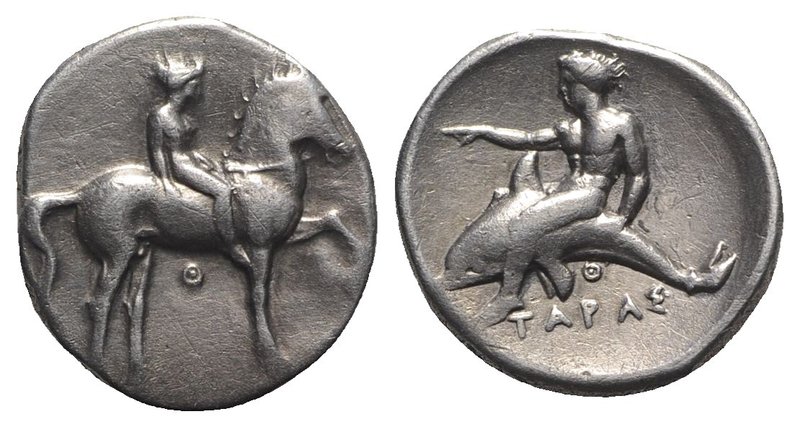 Southern Apulia, Tarentum, c. 365-355 BC. AR Nomos (21mm, 7.96g, 3h). Nude youth...