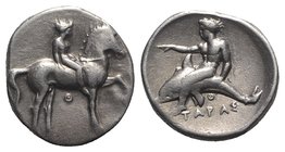 Southern Apulia, Tarentum, c. 365-355 BC. AR Nomos (21mm, 7.96g, 3h). Nude youth on horseback r.; small Θ below. R/ Phalanthos on dolphin l.; Θ below....