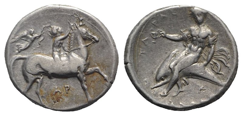 Southern Apulia, Tarentum, c. 330-325 BC. AR Nomos (22mm, 7.86g, 12h). Youth on ...