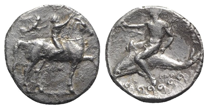 Southern Apulia, Tarentum, c. 330-325 BC. AR Nomos (21mm, 7.79g, 3h). Youth on h...