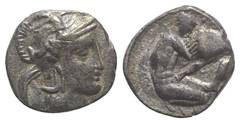 Southern Apulia, Tarentum, c. 380-325 BC. AR Diobol (10mm, 0.95g, 9h). Head of A...