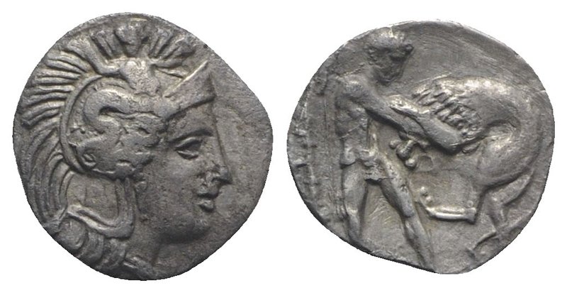 Southern Apulia, Tarentum, c. 380-325 BC. AR Diobol (10mm, 0.76g, 3h). Helmeted ...