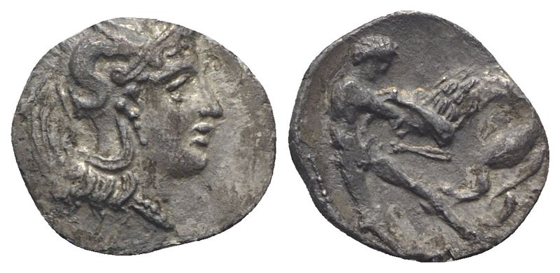 Southern Apulia, Tarentum, c. 380-325 BC. AR Diobol (11mm, 0.82g, 3h). Helmeted ...