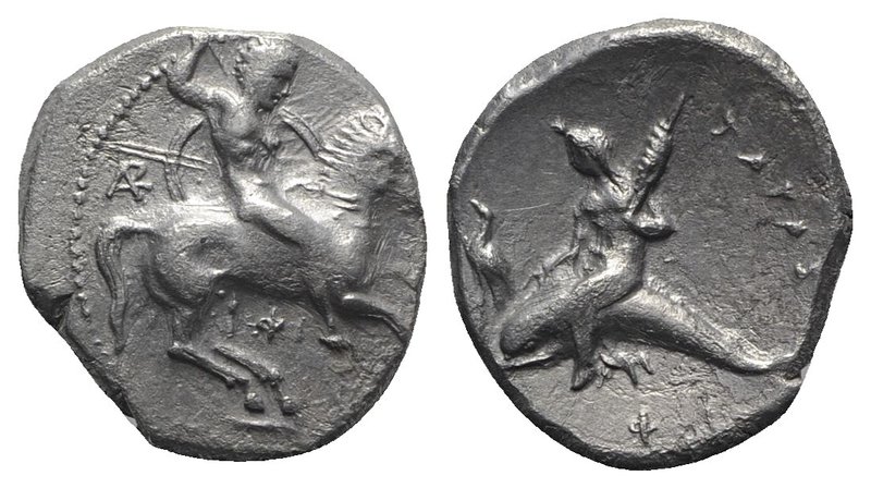 Southern Apulia, Tarentum, c. 290-281 BC. AR Nomos (22mm, 7.63g, 12h). Warror, p...