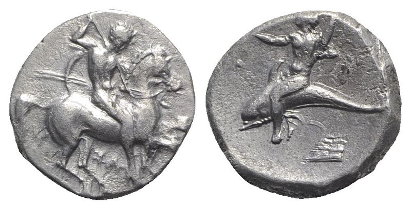 Southern Apulia, Tarentum, c. 290-281 BC. AR Nomos (18mm, 7.79g, 3h). Warrior, h...