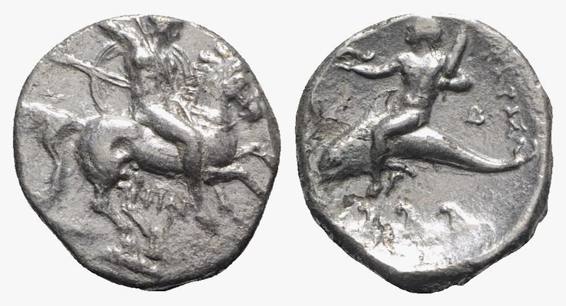 Southern Apulia, Tarentum, c. 290-281 BC. AR Nomos (20mm, 7.56g, 2h). Warrior, h...