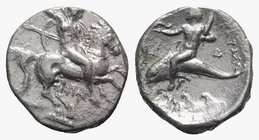 Southern Apulia, Tarentum, c. 290-281 BC. AR Nomos (20mm, 7.56g, 2h). Warrior, holding shield and two spears, preparing to cast a third, on horseback ...