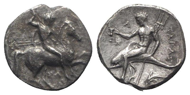 Southern Apulia, Tarentum, c. 315-302 BC. AR Nomos (20mm, 7.04g, 6h). Warrior, h...