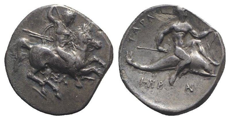 Southern Apulia, Tarentum, c. 315-302 BC. AR Nomos (22mm, 7.61g, 7h). Warrior, h...