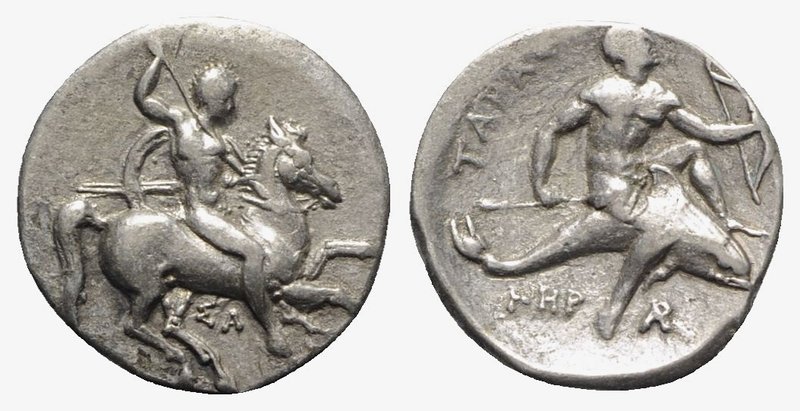 Southern Apulia, Tarentum, c. 315-302 BC. AR Nomos (21mm, 7.80g, 12h). Warrior, ...