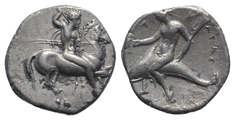 Southern Apulia, Tarentum, c. 330-302 BC. AR Nomos (20mm, 7.67g, 6h). Warrior on...