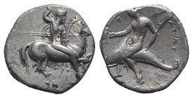 Southern Apulia, Tarentum, c. 330-302 BC. AR Nomos (20mm, 7.67g, 6h). Warrior on horseback r., holding shield, two lances, and spear; API below. R/ Ph...
