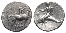 Southern Apulia, Tarentum, c. 280 BC. AR Nomos (21.5mm, 7.58g, 2h). Youth on horseback r., crowning horse with wreath. R/ Phalanthos, holding grape bu...