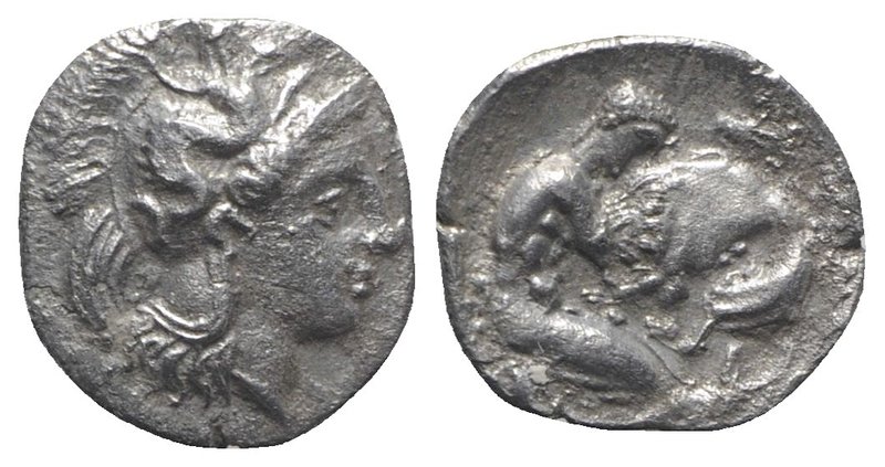 Southern Apulia, Tarentum, c. 325-280 BC. AR Diobol (11mm, 1.07g, 3h). Helmeted ...