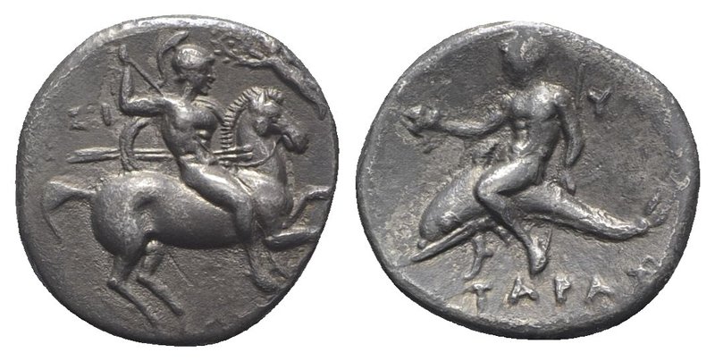 Southern Apulia, Tarentum, c. 280-272 BC. AR Nomos (21mm, 6.26g, 2h). Warror, pr...