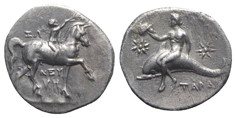 Southern Apulia, Tarentum, c. 280-272 BC. AR Nomos (21mm, 6.39g, 10h). Nude yout...