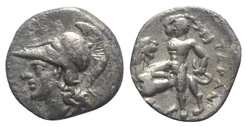 Southern Apulia, Tarentum, c. 280-228 BC. AR Diobol (10mm, 0.98g, 3h). Head of A...