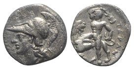 Southern Apulia, Tarentum, c. 280-228 BC. AR Diobol (10mm, 0.98g, 3h). Head of Athena l., wearing Corinthian helmet. R/ Herakles l., raising club over...