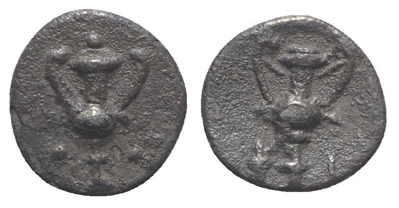 Southern Apulia, Tarentum, c. 280-228 BC. AR Obol (8mm, 0.44g, 9h). Kantharos; t...