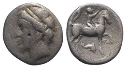 Southern Apulia, Tarentum, Campano-Tarentine series, c. 281-272 BC. AR Nomos (19mm, 6.67g, 1h). Diademed head of nymph l. R/ Nude youth on horseback r...