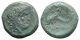 Northern Lucania, Paestum, 264-241 BC. Æ (20mm, 7.07g, 6h). Laureate head of Neptune r.; dolphin behind. R/ Eros, holding wreath and trident, riding d...
