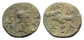Northern Lucania, Paestum, c. 90-44 BC. Æ Semis (14mm, 3.22g, 6h). Helmeted and draped bust r. R/ Clasped r. hands. Cf. Crawford 32; HNItaly 1251. Gre...