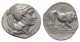 Northern Lucania, Velia, c. 340-334 BC. AR Didrachm (23mm, 7.50g, 3h). Helmeted head of Athena r., helmet decorated with griffin; Θ behind neck guard;...