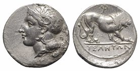 Northern Lucania, Velia, c. 340-334 BC. AR Didrachm (22mm, 7.02g, 3h). Helmeted head of Athena l., helmet decorated with griffin; P behind neck guard....