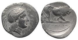 Northern Lucania, Velia, c. 340-334 BC. AR Didrachm (23mm, 7.04g, 3h). Helmeted head of Athena r., helmet decorated with griffin; Θ behind neck guard....