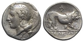 Northern Lucania, Velia, c. 340-334 BC. AR Didrachm (21mm, 7.61g, 3h). Head of Athena l., wearing crested Attic helmet decorated with griffin; Θ behin...