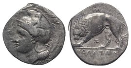 Northern Lucania, Velia, c. 334-300 BC. AR Didrachm (20mm, 7.57g, 3h). Helmeted head of Athena l., helmet decorated with sphinx; monogram behind neck ...