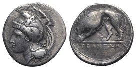 Northern Lucania, Velia, c. 334-300 BC. AR Didrachm (21.5mm, 7.39g, 9h). Helmeted head of Athena l.; monogram behind neck. R/ Lion standing l.; monogr...