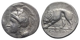 Northern Lucania, Velia, c. 334-300 BC. AR Didrachm (20mm, 7.44g, 9h). Head of Athena l., wearing helmet decorated with large wreath; monogram behind ...