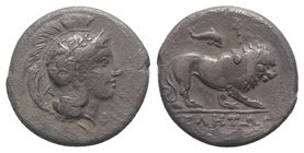 Northern Lucania, Velia, c. 300-280 BC. AR Didrachm (20mm, 6.97g, 6h). Philistion Group. Helmeted head of Athena r., bowl decorated with griffin and l...