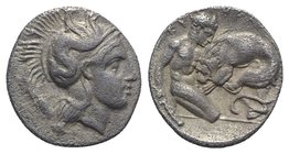Southern Lucania, Herakleia, c. 433-330 BC. AR Diobol (11mm, 1.11g, 6h). Head of Athena r., wearing crested helmet, decorated with hippocamp. R/ Herak...