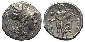 Southern Lucania, Herakleia, c. 330/25-281 BC. AR Stater (21mm, 7.88g, 11h). Head of Athena r., wearing crested Corinthian helmet decorated with Skyll...