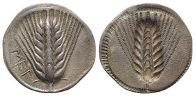Southern Lucania, Metapontion, c. 540-510 BC. AR Stater (29.5mm, 7.12g, 12h). Barley ear of eight grains. R/ Incuse barley ear of eight grains. HNItal...
