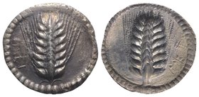 Southern Lucania, Metapontion, c. 540-510 BC. AR Stater (30mm, 7.65g, 12h). Barley ear of eight grains. R/ Incuse barley ear of eight grains. HNItaly ...