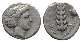 Southern Lucania, Metapontion, c. 400-340 BC. AR Stater (19mm, 7.89g, 3h). Head of Demeter r., hair bound in sakkos. R/ Barley ear with leaf to r.; po...
