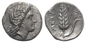 Southern Lucania, Metapontion, c. 330-290 BC. AR Stater (20mm, 6.99g, 3h). Wreathed head of Demeter r., wearing triple-pendant earring and necklace. R...