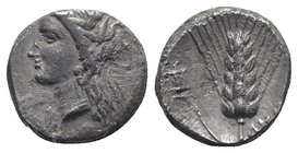 Southern Lucania, Metapontion, c. 330-290 BC. AR Stater (19mm, 7.44g, 9h). Wreathed head of Demeter l.; retrograde ΔEX below chin. R/ Grain ear with l...
