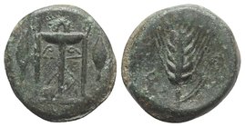 Southern Lucania, Metapontion, c. 425-350 BC. Æ (14mm, 4.06g, 6h). Tripod. R/ Barley-ear. Johnston 1; HNItaly 1637. Green patina, Good VF