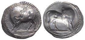 Southern Lucania, Sybaris, c. 550-510 BC. AR Stater (30mm, 7.92g, 12h). Bull standing l. on dotted exergual line, looking back. R/ Incuse bull standin...