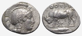 Southern Lucania, Thourioi, c. 443-400 BC. AR Triobol (11mm, 1.18g, 11h). Head of Athena r., wearing crested Attic helmet decorated with wreath. R/ Bu...
