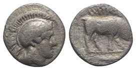 Southern Lucania, Thourioi, c. 443-400 BC. AR Triobol (9mm, 1.00g, 3h). Helmeted head of Athena r., helmet decorated with wreath. R/ Bull standing r.;...