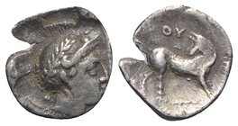 Southern Lucania, Thourioi, c. 400-375 BC. AR Diobol (10mm, 0.81g, 6h). Helmeted head of Athena r. R/ Bull standing r., head l. HNItaly 1780; SNG ANS ...
