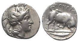 Southern Lucania, Thourioi, c. 400-350 BC. AR Stater (23mm, 7.76g, 3h). Head of Athena r., wearing crested Attic helmet decorated with Skylla scanning...