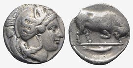 Southern Lucania, Thourioi, c. 400-350 BC. AR Stater (18mm, 6.51g, 7h). Helmeted head of Athena r., helmet decorated with Skylla scanning. R/ Bull but...